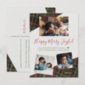 Moderne rustieke rode groene plaid 3 familiefoto's feestdagenkaart (Voorkant / Achterkant)