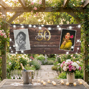 Moderne Rustieke Slingerlichtjes Goud 50e Verjaard Spandoek