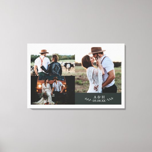 Moderne Rustieke Trouwfoto Collage Blad Monogram Canvas Afdruk (Voorkant)
