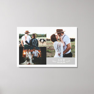 Moderne Rustieke Trouwfoto Collage Blad Monogram Canvas Afdruk