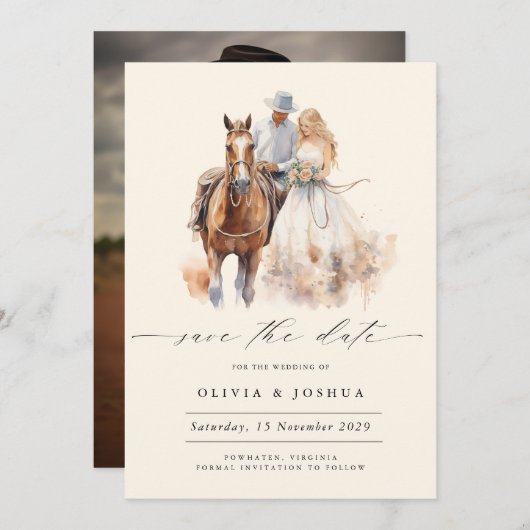 Moderne Rustieke Westerse Foto Bewaar de Datum Save The Date (Voorkant / Achterkant)