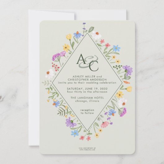 Moderne rustieke Wildbloem Monogram Sage Bruiloft Kaart (Voorkant)