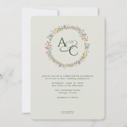 Moderne rustieke Wildbloem Monogram Sage Bruiloft Kaart (Voorkant)