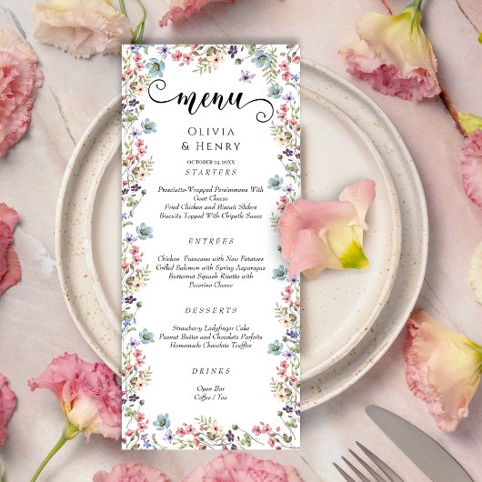 Moderne rustieke wilde bloemen bruiloft menu