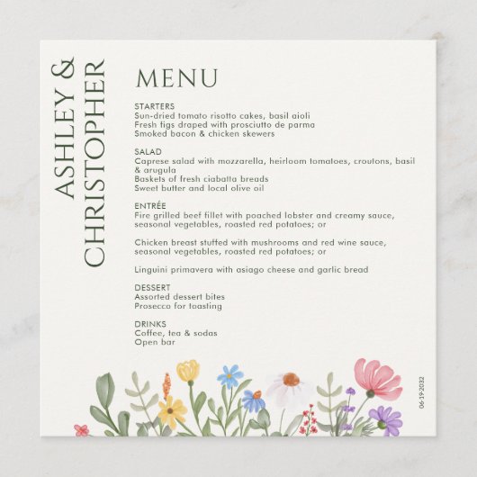 Moderne rustieke Wildflower bruiloft Menu (Voorkant)