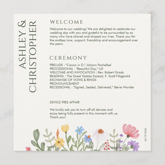 Moderne rustieke Wildflower bruiloft Programma (Voorkant)