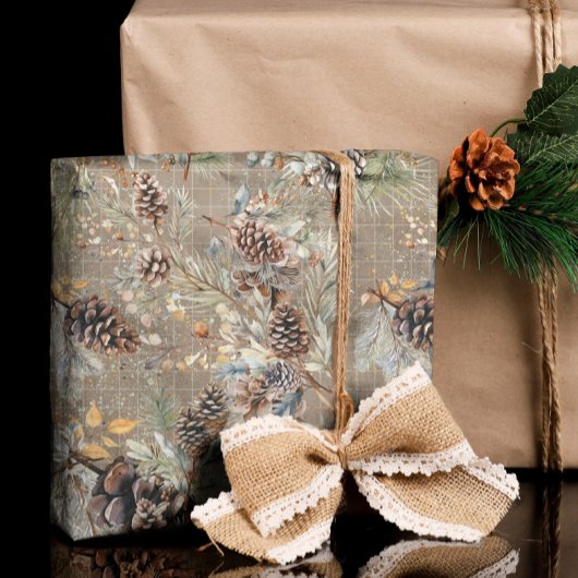 Moderne Rustieke Winter Pine Cone Boho Kerstmis Cadeaupapier
