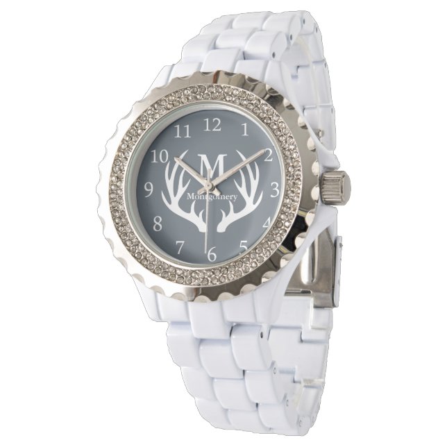 Moderne rustieke witte herten gewei gepersonalisee horloge (Gekanteld)