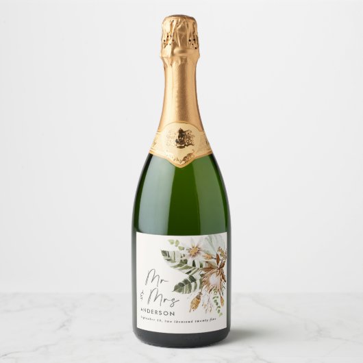 Moderne rustige botanische elegante tropische brui sparkling wijnetiket (Voorkant)