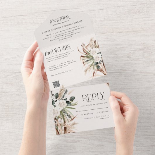 moderne rustige pampas eucalyptusbruiloft QR-code All In One Uitnodiging (Afscheurbaar)