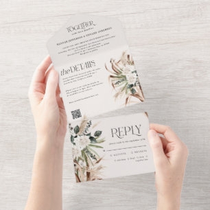 moderne rustige pampas eucalyptusbruiloft QR-code All In One Uitnodiging
