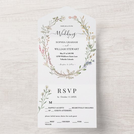 Moderne Rustische Waterverf Wildflower Simple Wedd All In One Uitnodiging (Binnen)