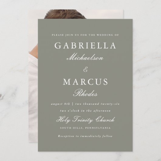 Moderne Sage Foto Bruiloft Kaart (Voorkant / Achterkant)