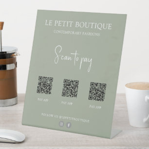 Moderne Sage Green 3 QR Code Betaling App Reclamebord Met Voetstuk