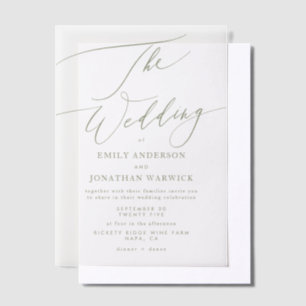Moderne Sage Green Calligraphy Simple Wedding Vellum Uitnodigingen