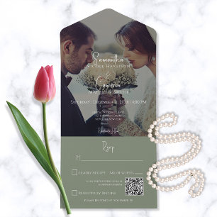 Moderne Sage Green Elegant Photo QR Code All In One Uitnodiging