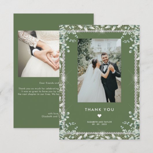 Moderne Sage Green Eucalyptus Glitter Huwelijk Bedankkaart (Voorkant / Achterkant)