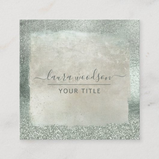 Moderne Sage Green Glitter Script Handtekening Vierkante Visitekaartje (Voorkant)