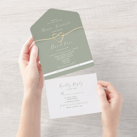 Moderne Sage Green Gold bruiloft All In One Uitnodiging (Afscheurbaar)
