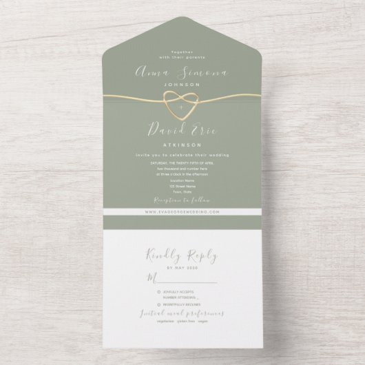Moderne Sage Green Gold bruiloft All In One Uitnodiging (Binnen)