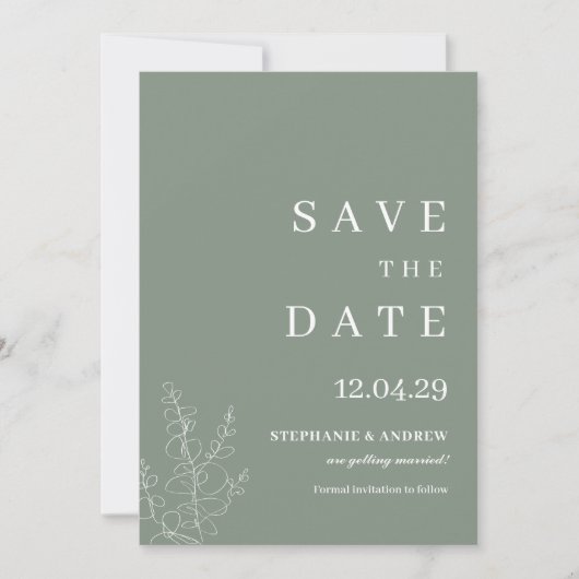 Moderne Sage Green Wedding Minimalist Save the Dat Kaart (Voorkant)