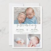 Moderne sage groen script 3 foto baby tweeling geb aankondiging (Voorkant)