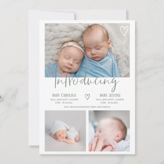 Moderne sage groen script 3 foto baby tweeling geb aankondiging (Voorkant)