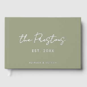 Moderne Sage Groen & Zilveren Folie Huwelijk Gastenboek