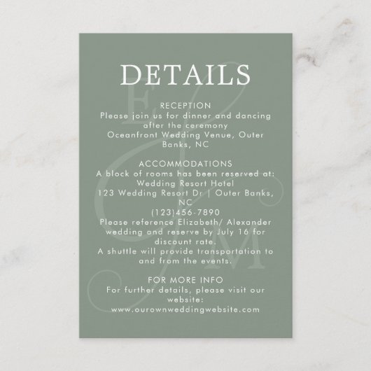 Moderne Sage Groene Ampersand Bruiloft Details Informatiekaartje (Voorkant)