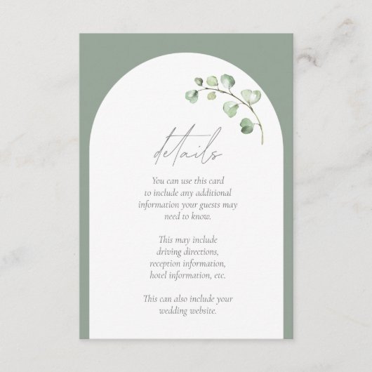 Moderne Sage Groene Boog Botanische Bruiloft Detai Informatiekaartje (Voorkant)