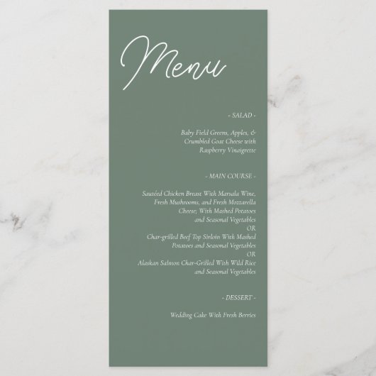 Moderne Sage Groene Minimalistische Bruiloft Menu (Voorkant)
