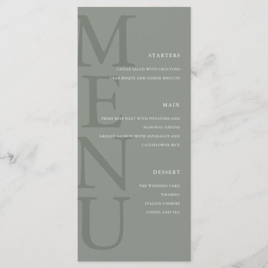 Moderne Sage Groene Minimalistische Bruiloft Menu (Voorkant)