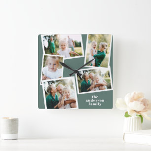 Moderne sage groene multi-fotoreportemonnee vierkante klok