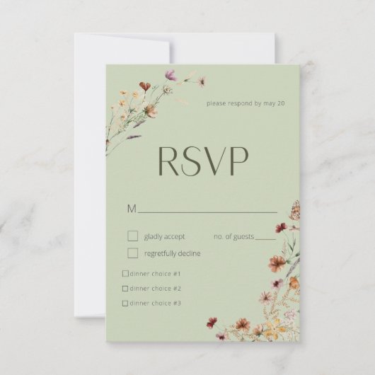 Moderne Sage Groene Wildbloem Boeket Bruiloft RSVP Kaartje (Voorkant)
