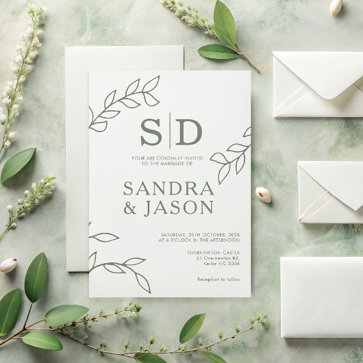 Moderne Sage Line Art Foliing Faire-part de mariag