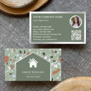 Moderne Sage Terrazzo Vastgoed Foto QR Code Visitekaartje