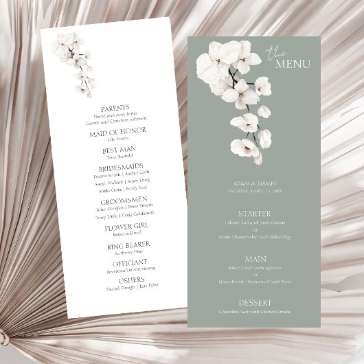 Moderne Sage Vert Orchidées Blanches Menu Mariage