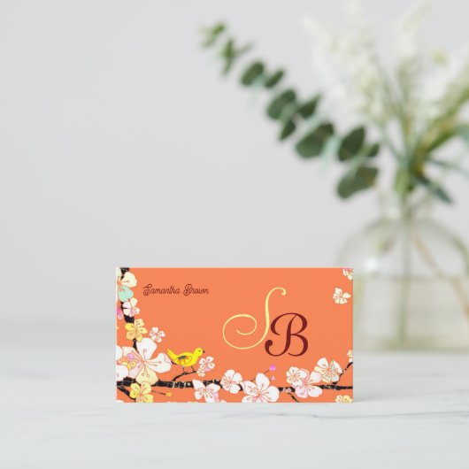 Moderne Sakura Bird Monogram Visitekaartje (Staand voorkant)