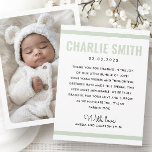 Moderne salie groen wit nieuwe baby geboorte foto aankondiging