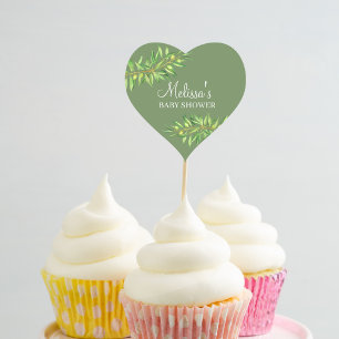 Moderne salie groene olijftak cupcake topper hart sticker