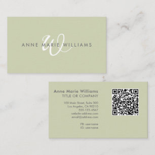 Moderne Saliegroen Witte Script Monogram QR Code Visitekaartje