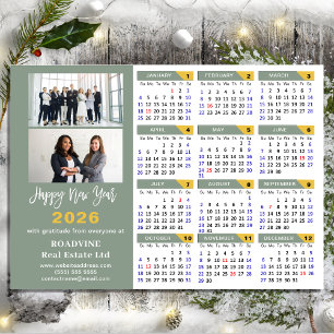 Moderne saliegroene 2026 kalender zakelijke minima feestdagenkaart
