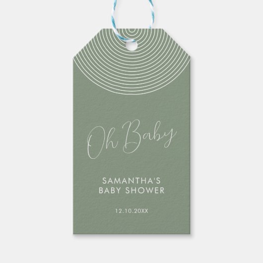 Moderne saliegroene babyshower chique script cadeaulabel (Voorkant)