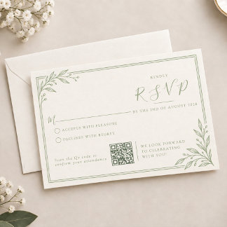 Moderne saliegroene bladeren rand QR-code bruiloft RSVP Kaartje