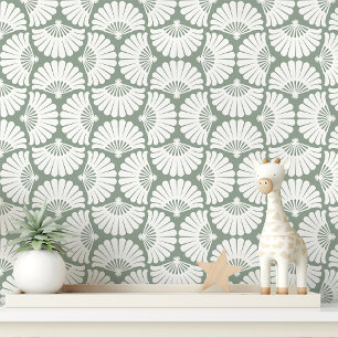 Moderne Saliegroene En Witte Ogee Palmventilator Behang