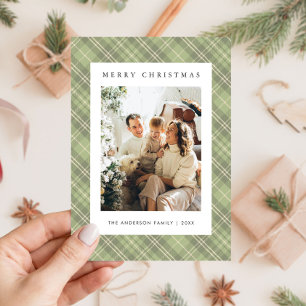 Moderne saliegroene geruite familiefoto Kerstmis Feestdagenkaart