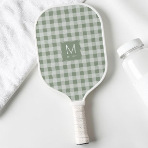 Moderne Saliegroene Gingham Monogram Vastgestelde Pickleball Paddle