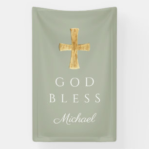 Moderne saliegroene religieuze kruis God zegene Spandoek