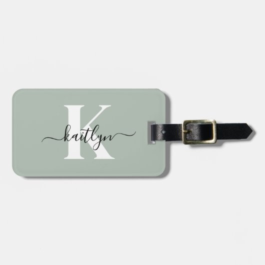 Moderne Saliegroene Script Monogram Bagagelabel (Voorkant horizontaal)