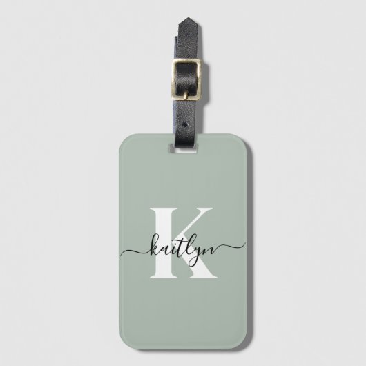 Moderne Saliegroene Script Monogram Bagagelabel (Voorkant (verticaal))